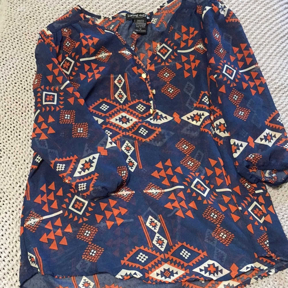 Women’s medium blouse, blue/orange/cream.